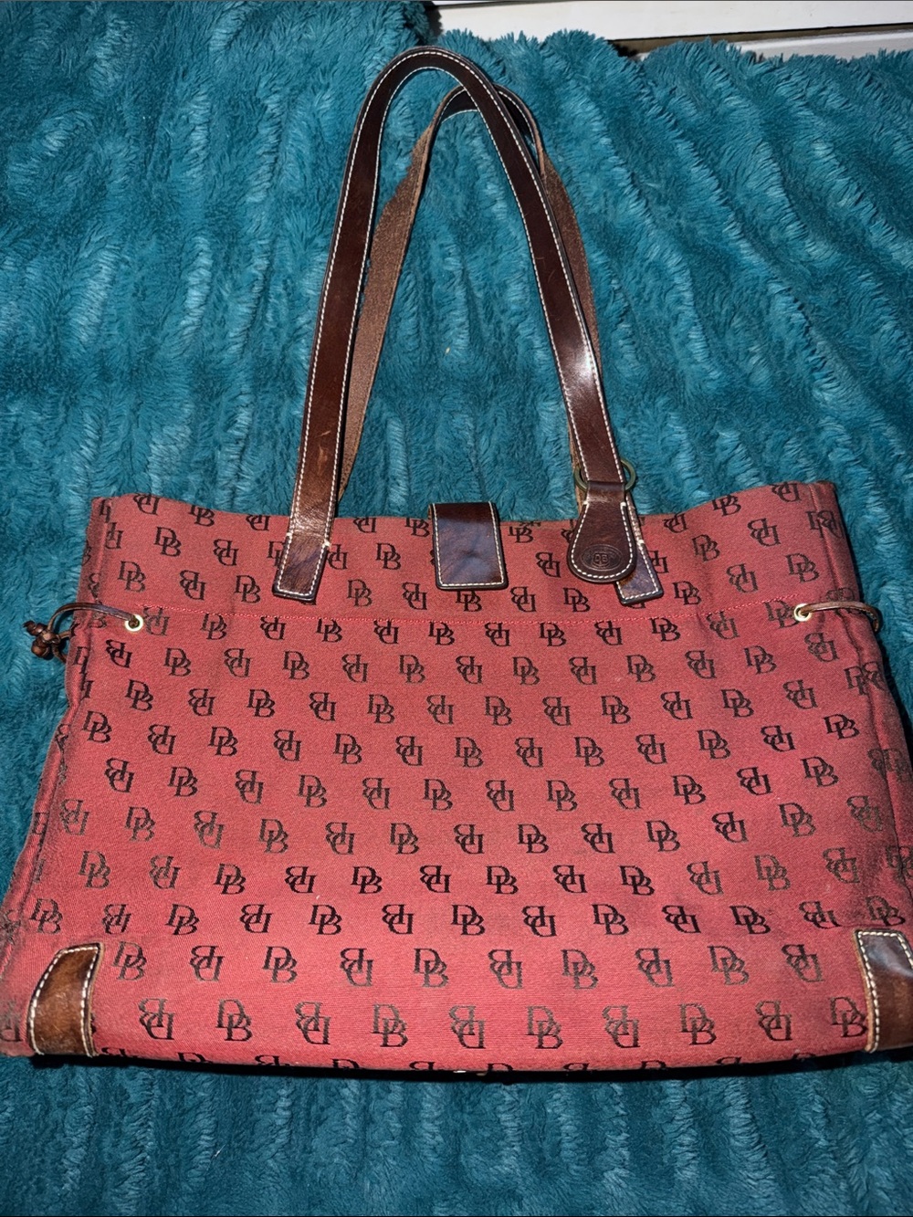 Dooney & Bourke Red Monogram Canvas Tote with Brown Leather Trim